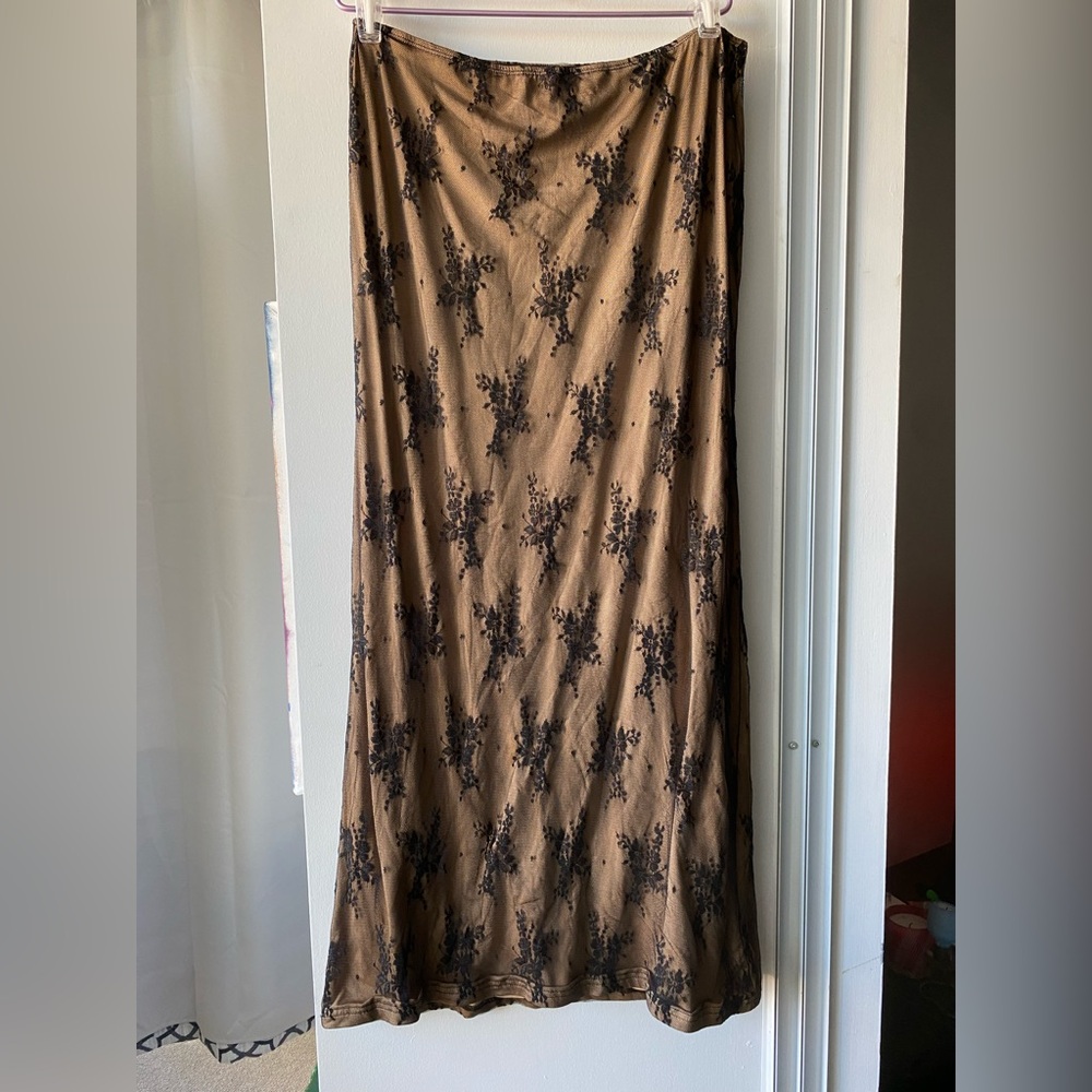 Brown Maxi Skirt with Black Lace Overlay